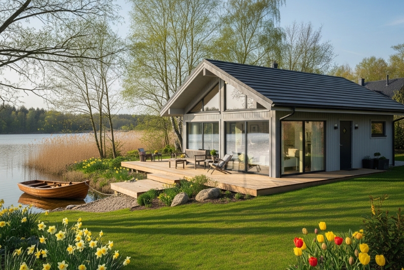 domek nad jeziorem o różnych porach roku